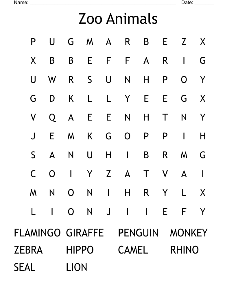 Zoo Animals Word Search