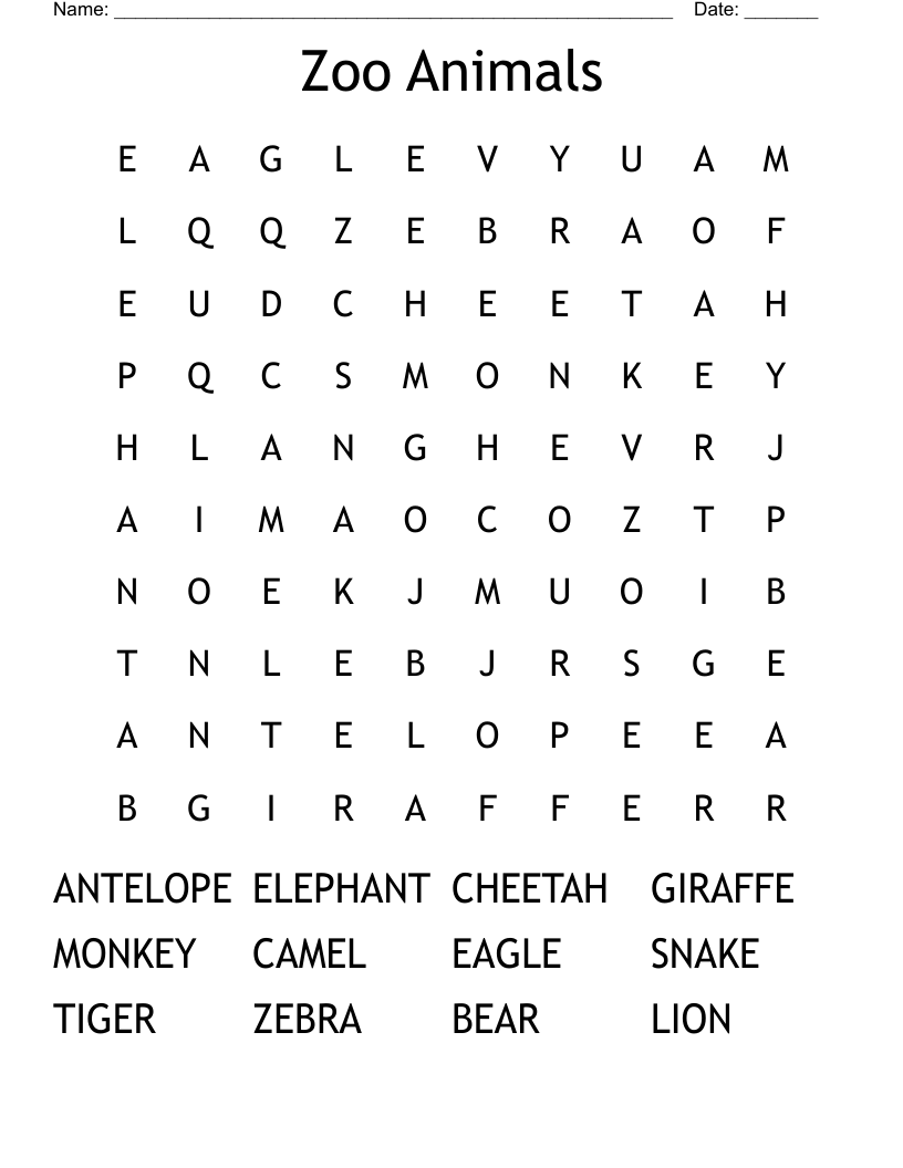 Zoo Animals Word Search