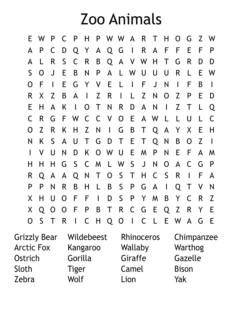 Zoo Animals Word Search