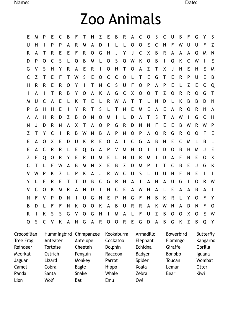 Zoo Animals Word Search