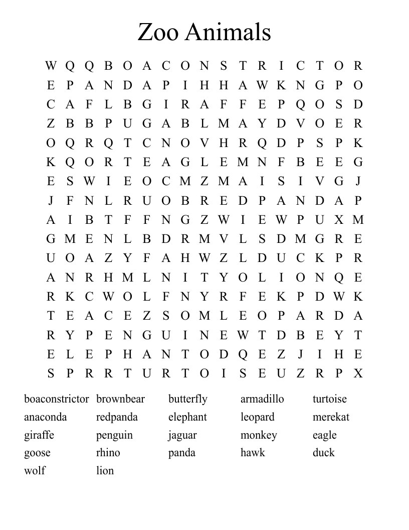 Zoo Animals Word Search