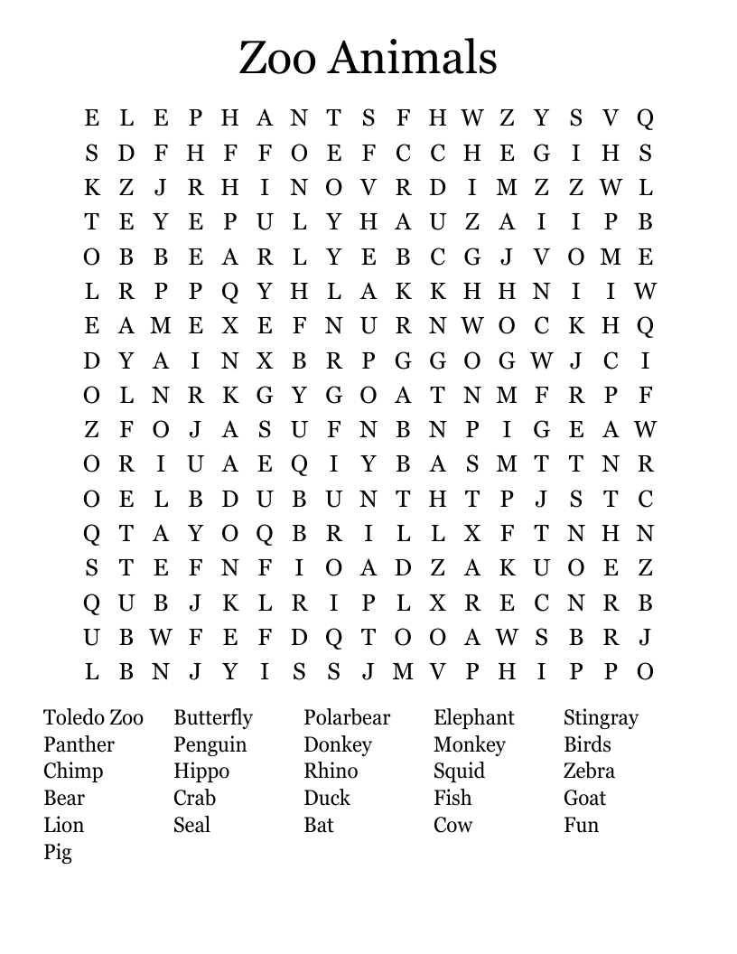 Zoo Animals Word Search