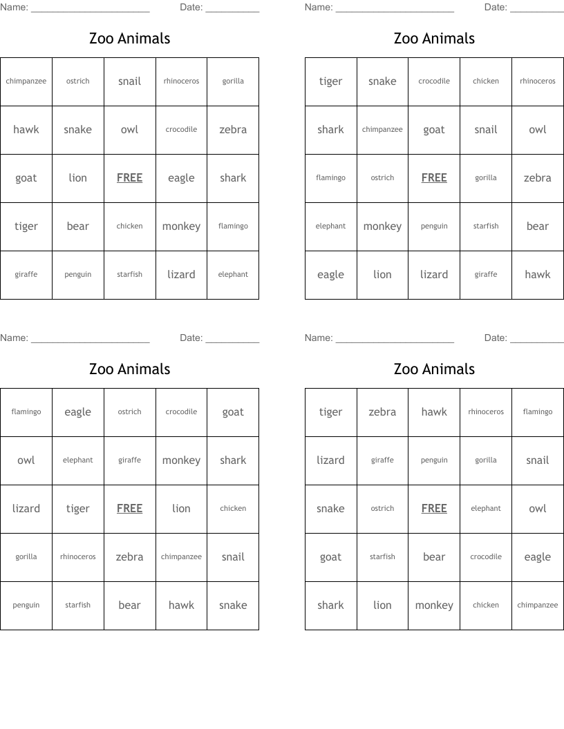 Zoo Animals Bingo Cards