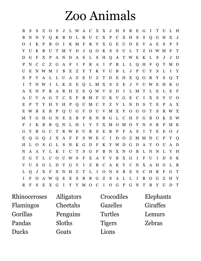 Zoo Animals  Word Search
