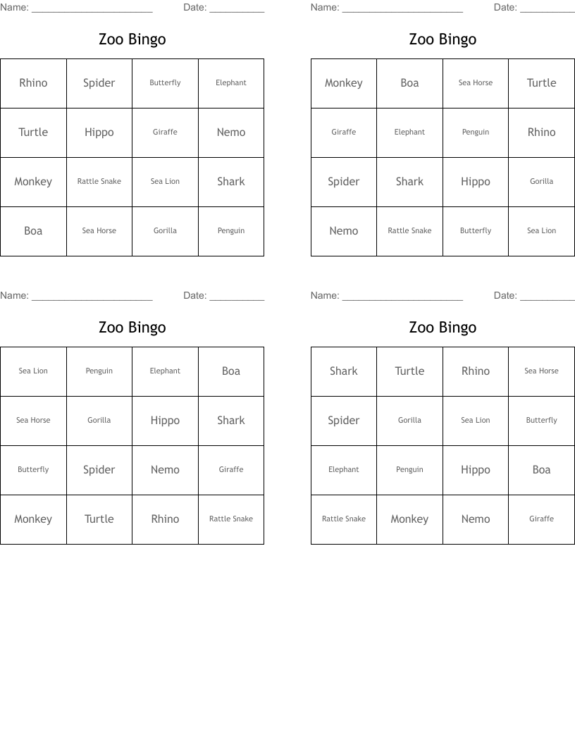 Zoo Bingo