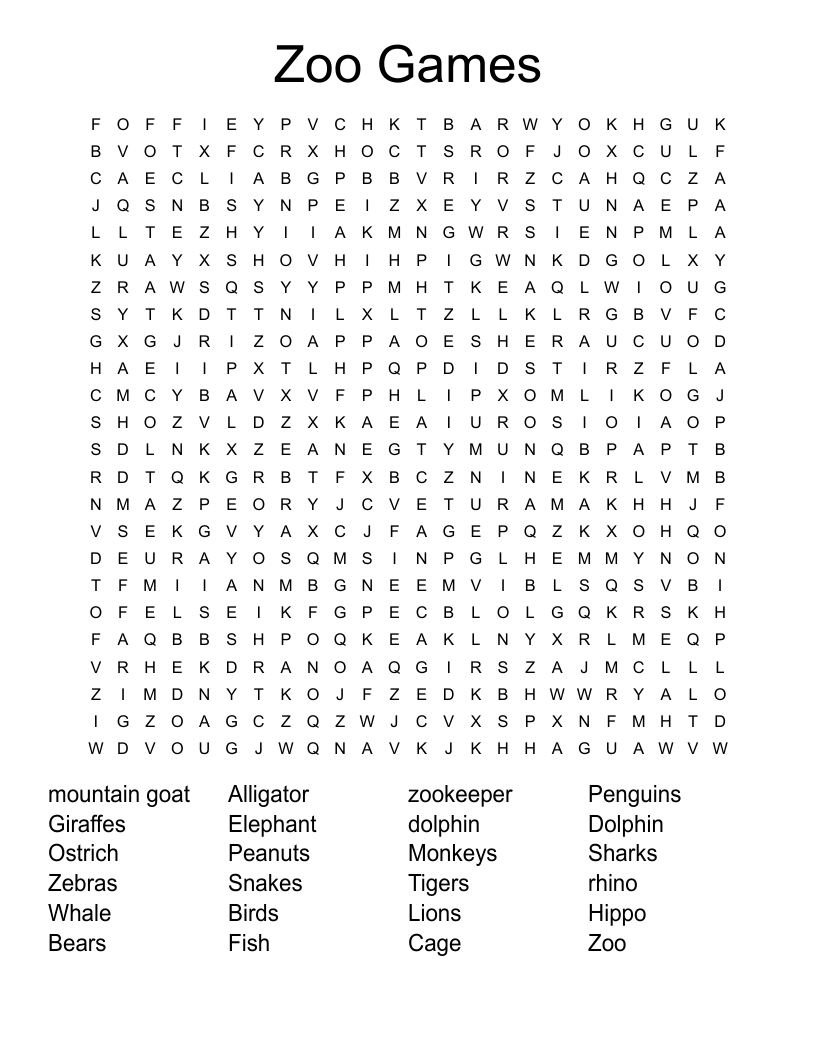 Zoo Games Word Search