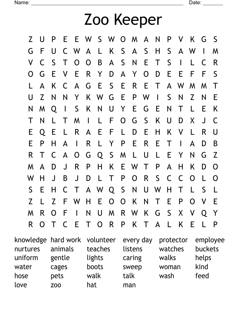 Zoo Keeper Word Search