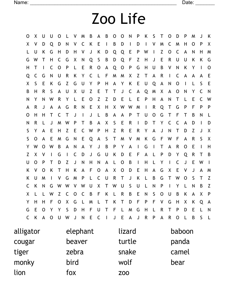 Zoo Life Word Search