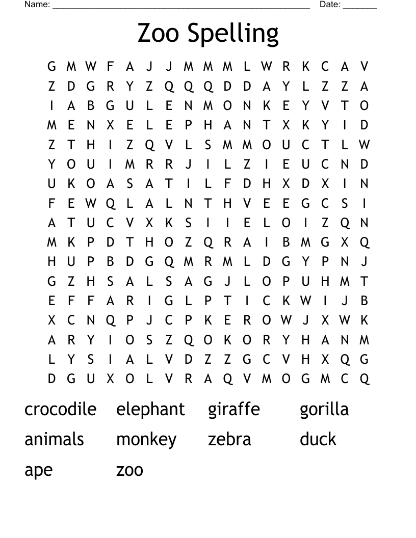 Zoo Spelling Word Search