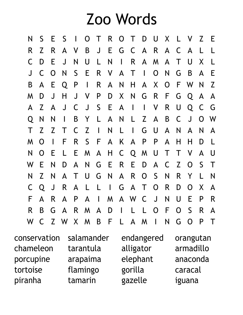 Zoo Words Word Search
