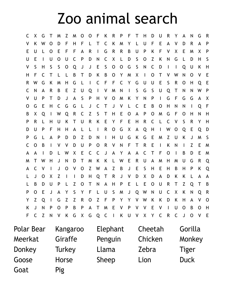 Zoo animal search Word Search