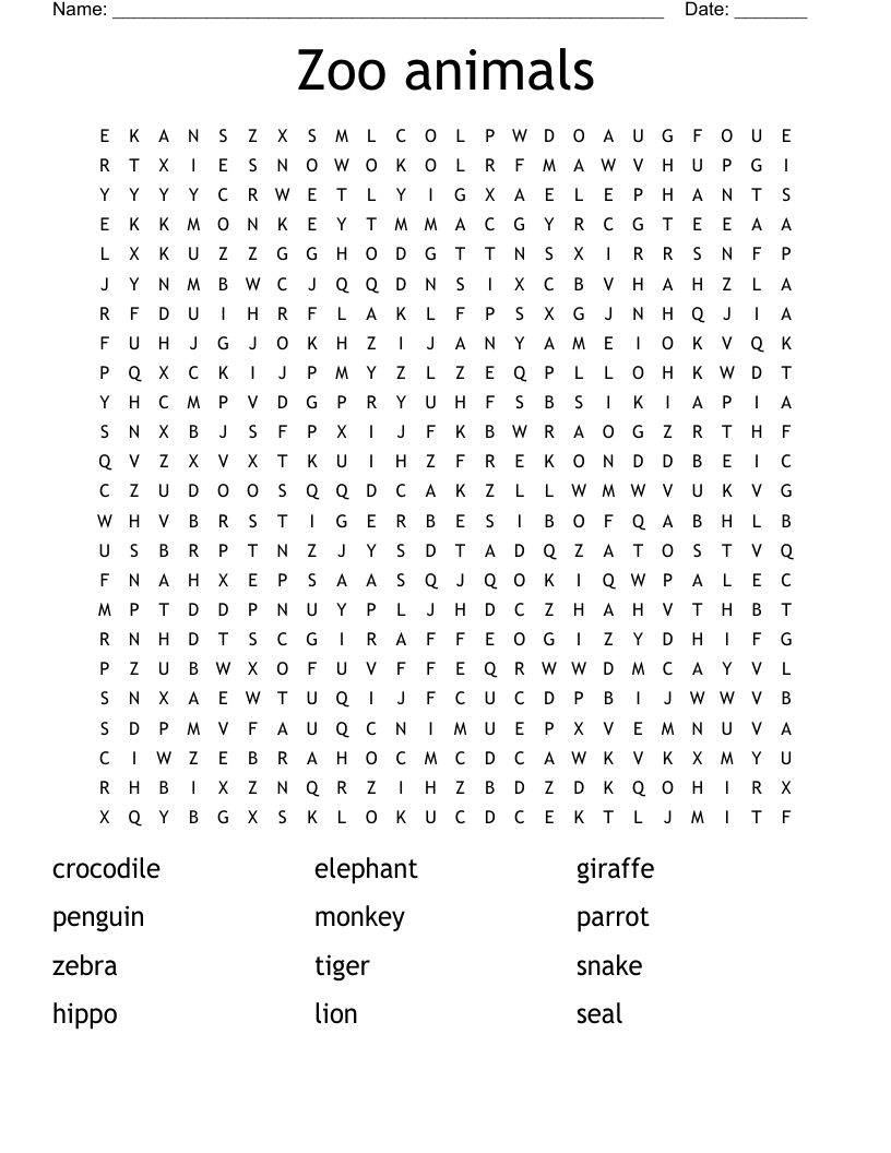 Zoo animals Word Search