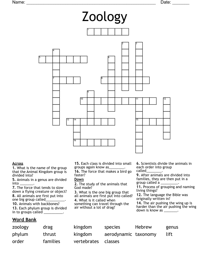 Zoology Crossword