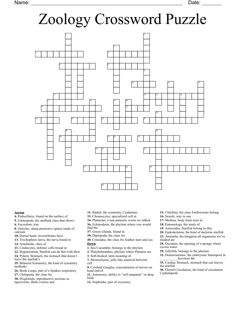 Zoology Crossword Puzzle