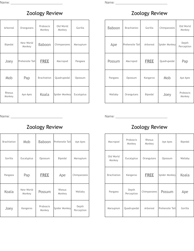 Zoology Review Bingo Cards