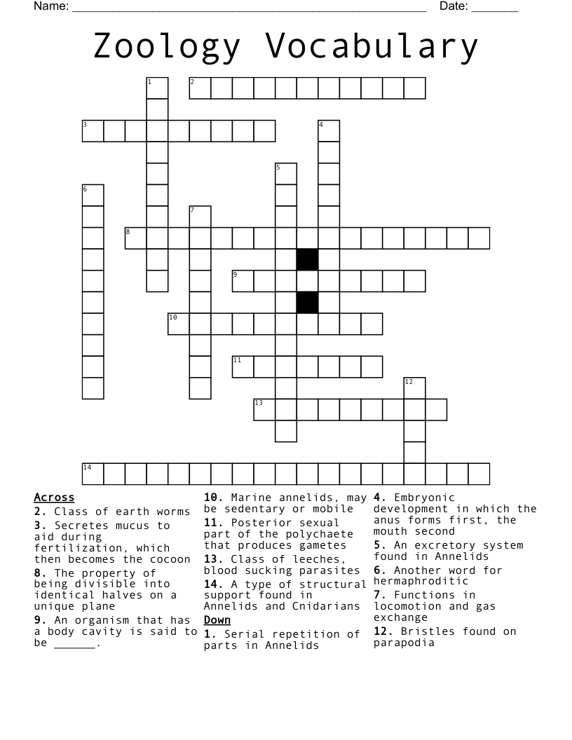 Zoology Vocabulary Crossword