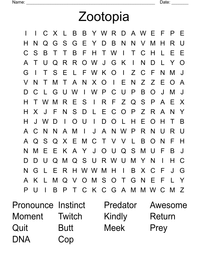 Zootopia Word Search