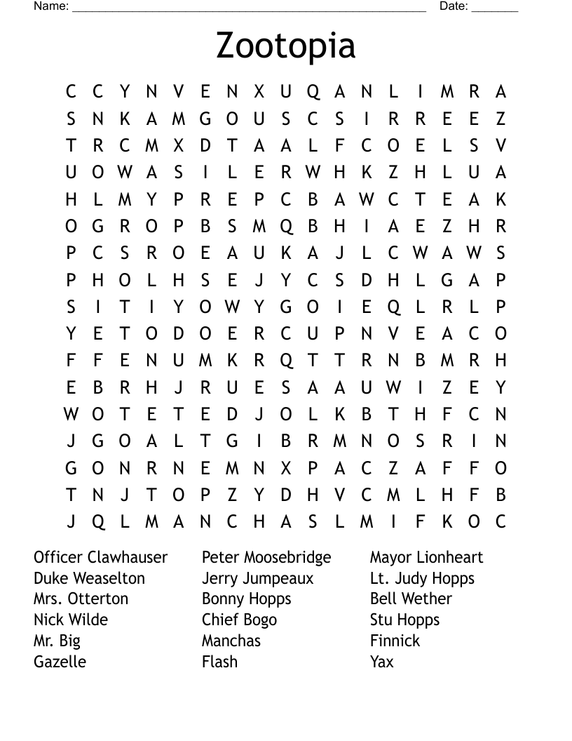 Zootopia Word Search