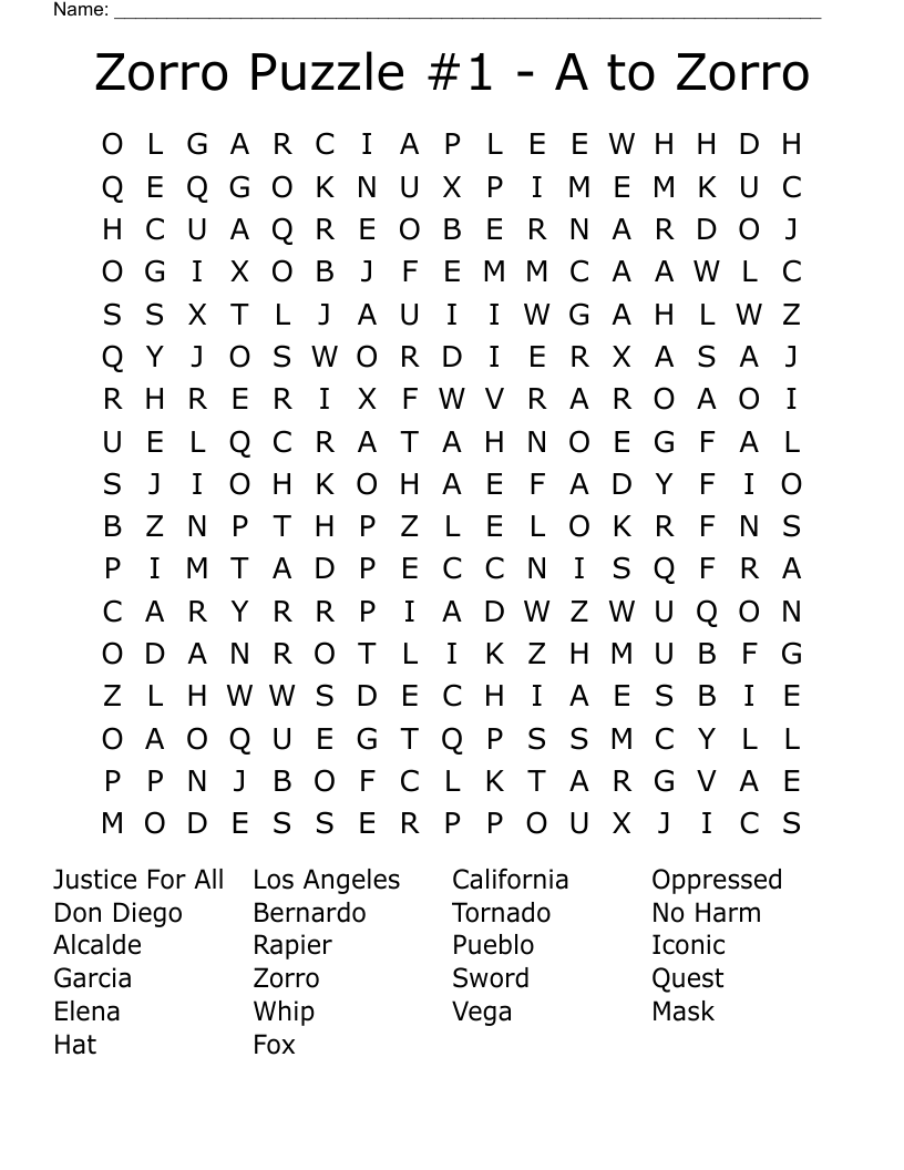 Zorro Puzzle #1 - A to Zorro Word Search