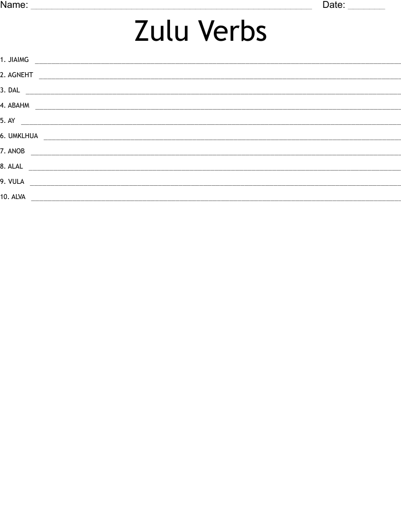 Zulu Verbs Word Scramble