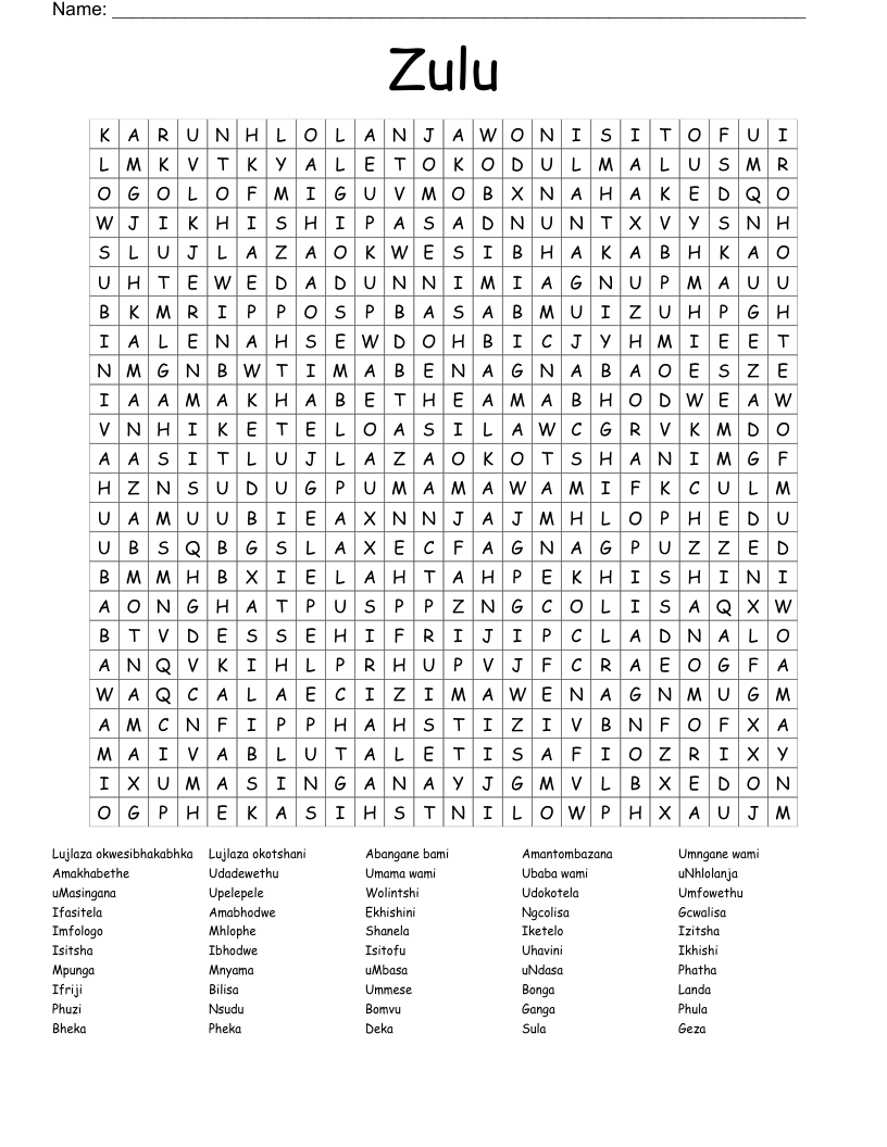 Zulu  Word Search