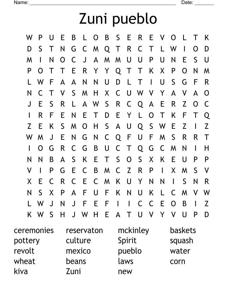 Zuni pueblo Word Search