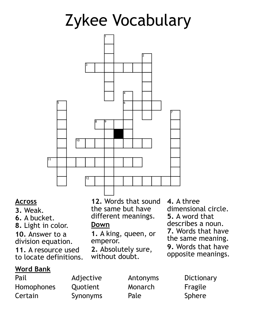 Zykee Vocabulary  Crossword