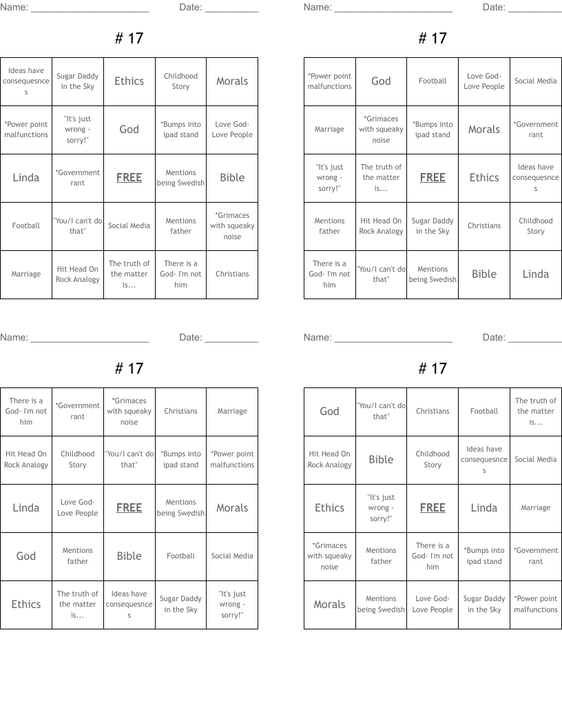 # 17 Bingo Cards