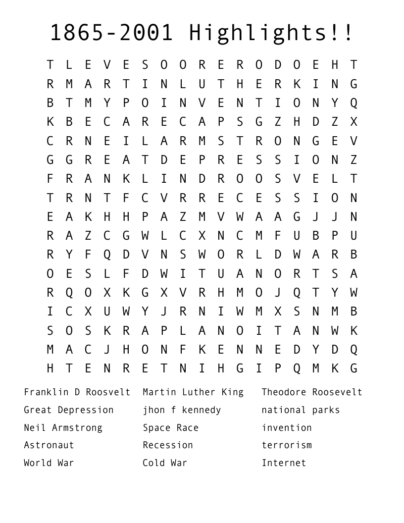  1865-2001 Highlights!! Word Search