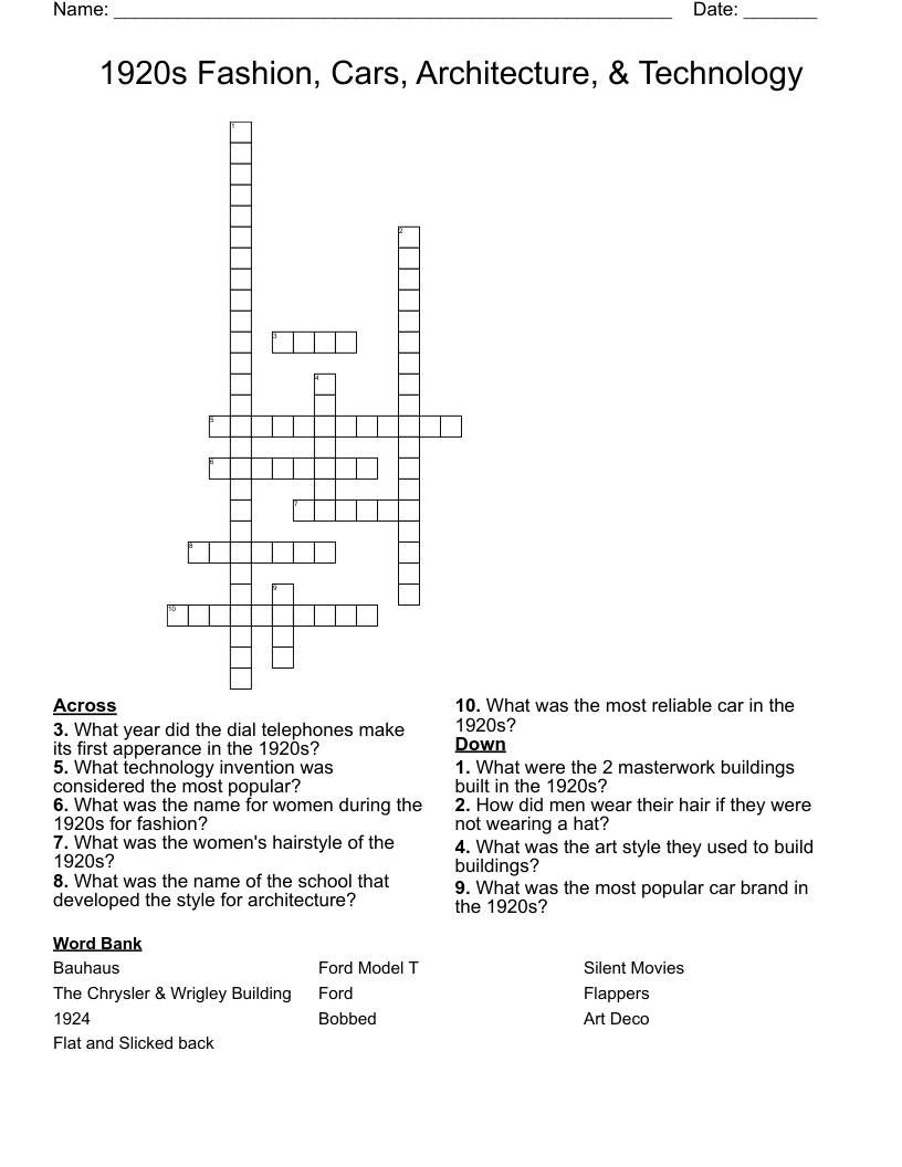  1920s Fashion, Cars, Architecture, & Technology Crossword