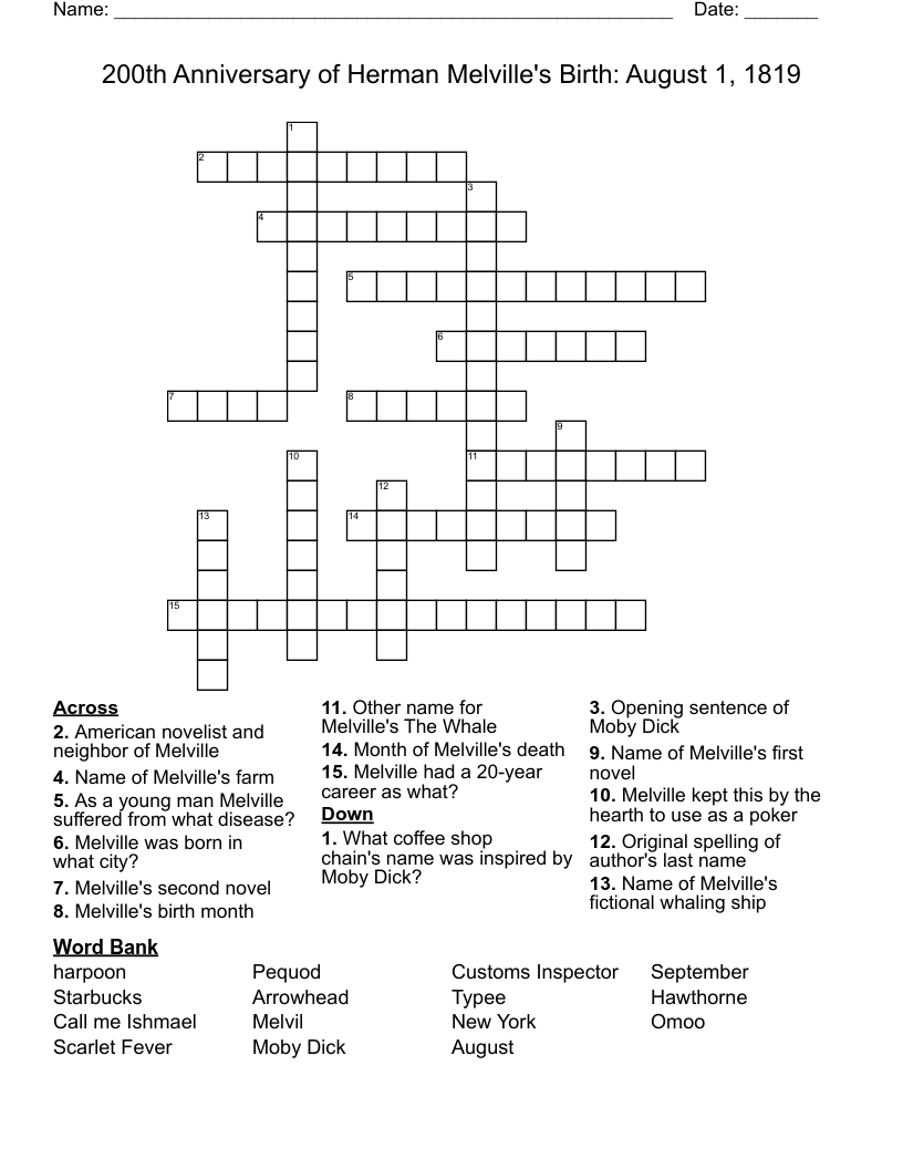  200th Anniversary of Herman Melville's Birth: August 1, 1819  Crossword