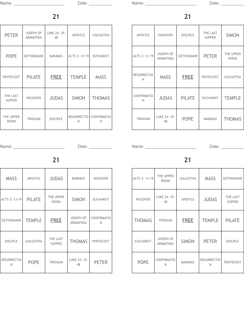  21 Bingo Cards