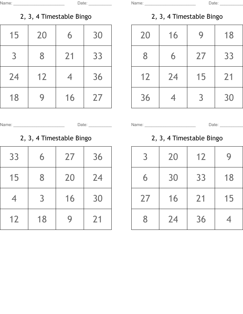  2, 3, 4 Timestable Bingo
