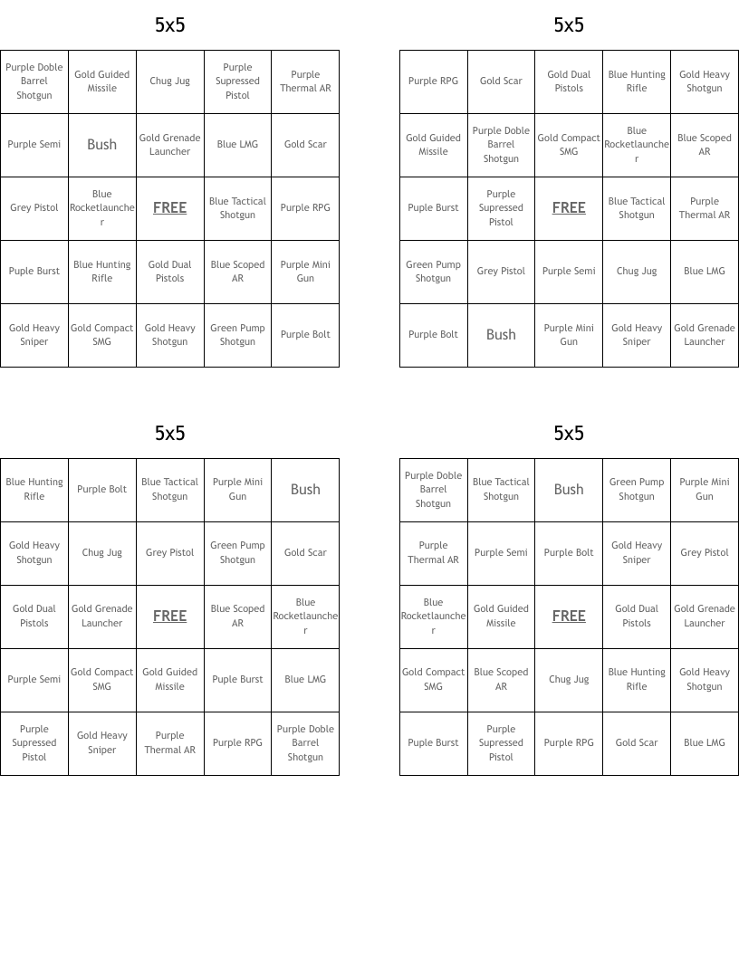  5x5 Bingo Cards