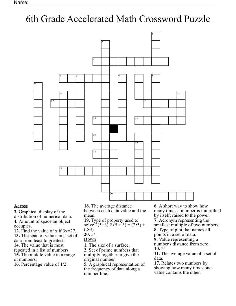  6th Grade Accelerated Math Crossword Puzzle