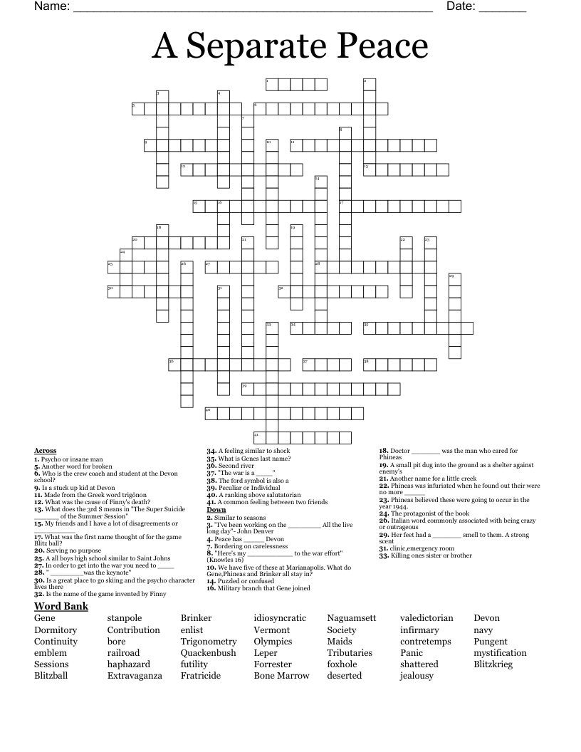  A Separate Peace Crossword