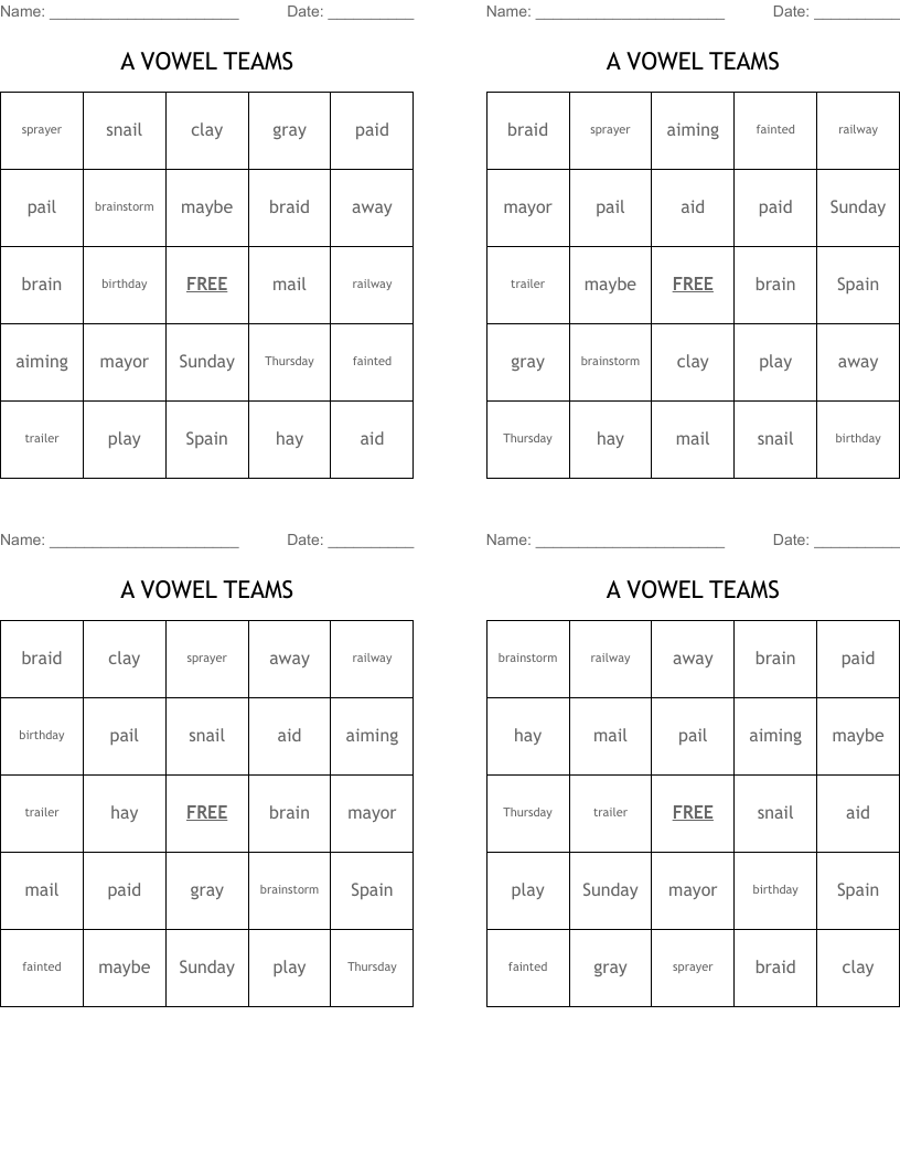  A VOWEL TEAMS Bingo Cards