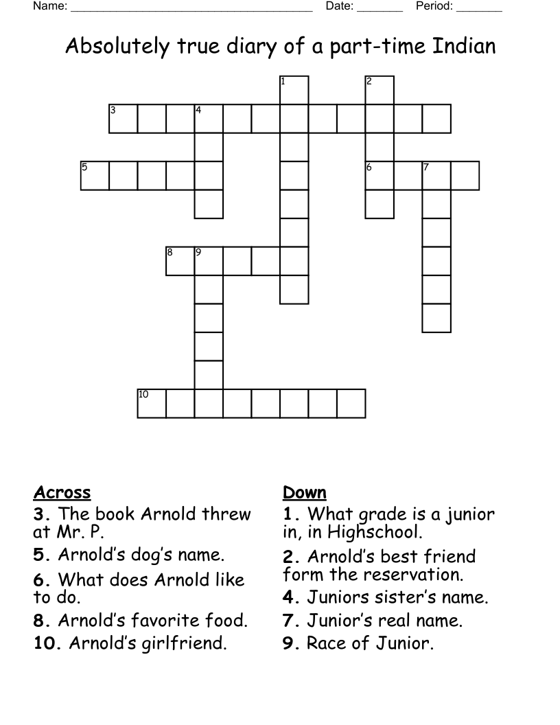  Absolutely true diary of a part-time Indian  Crossword