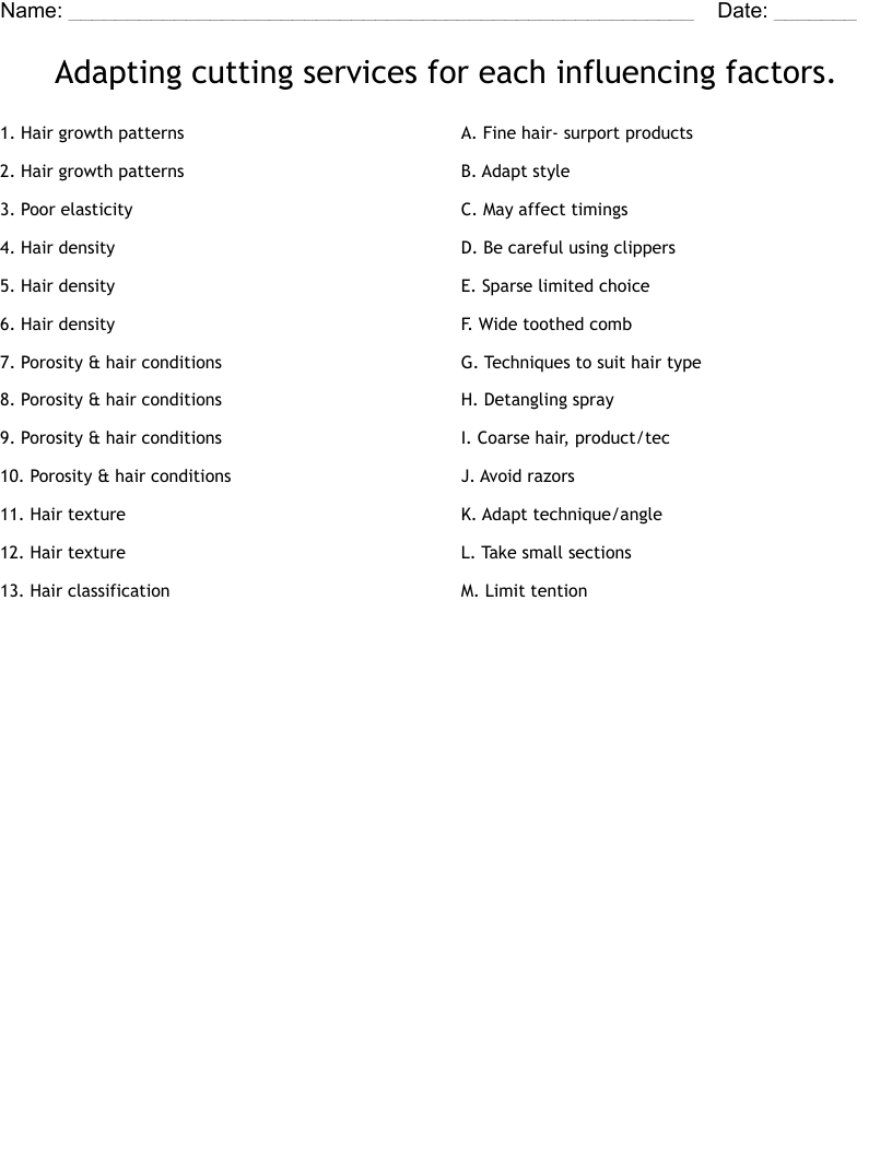  Adapting cutting services for each influencing factors.  Worksheet