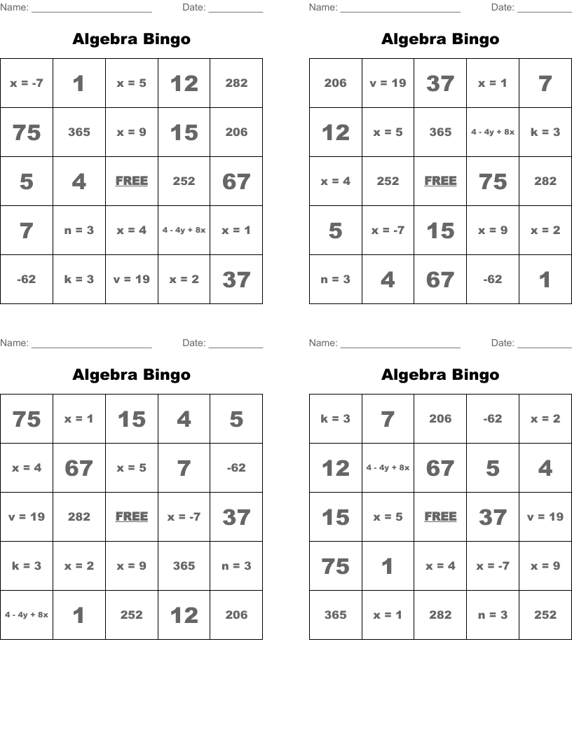 Algebra Bingo