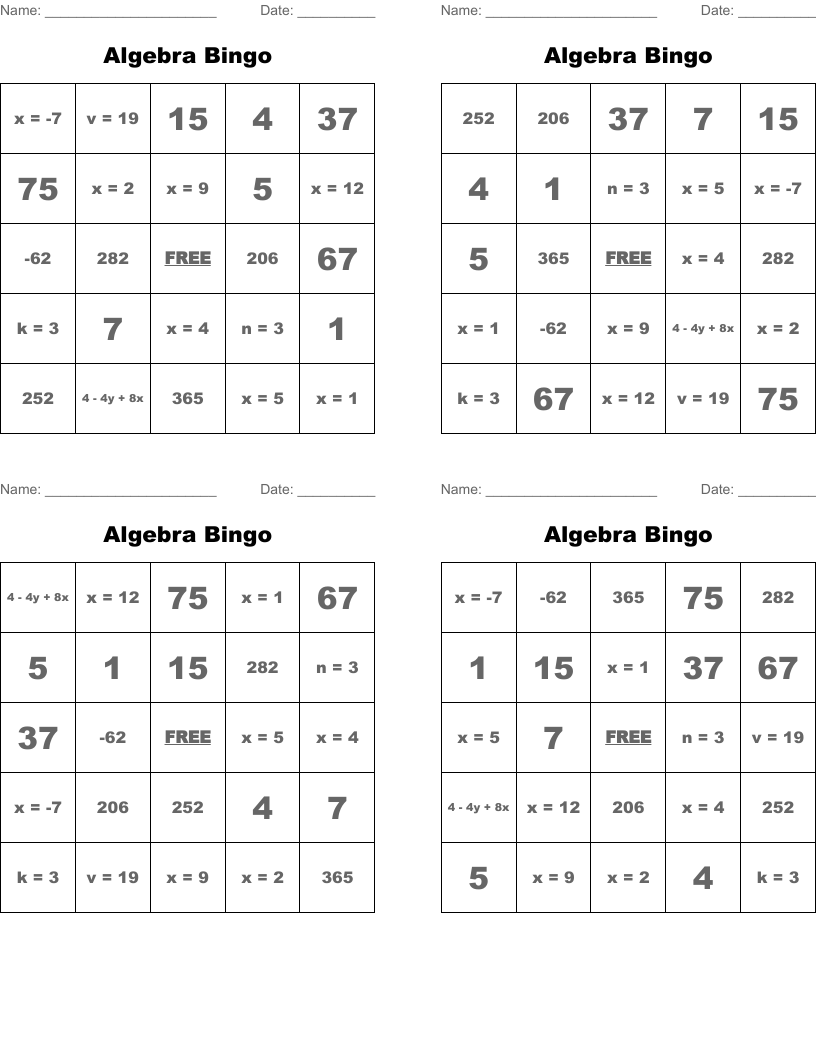  Algebra Bingo