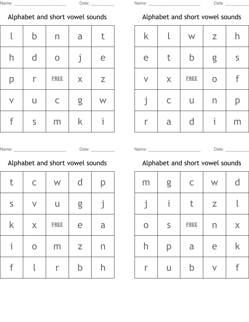  Alphabet and short vowel sounds Bingo Cards