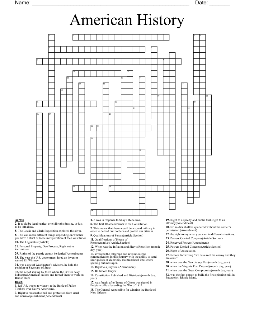  American History Crossword