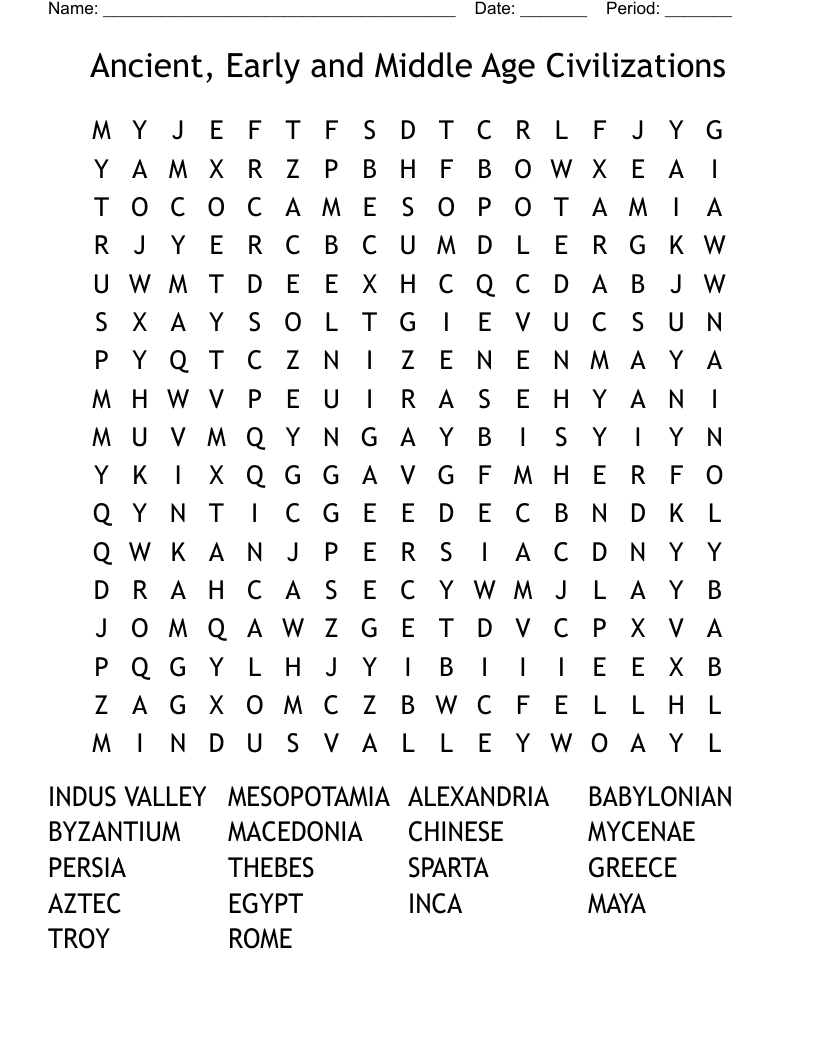  Ancient, Early and Middle Age Civilizations Word Search