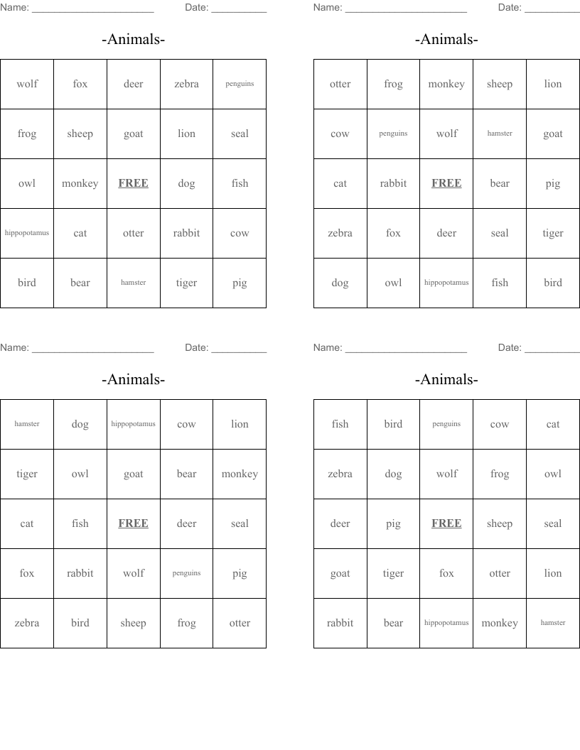  -Animals- Bingo Cards