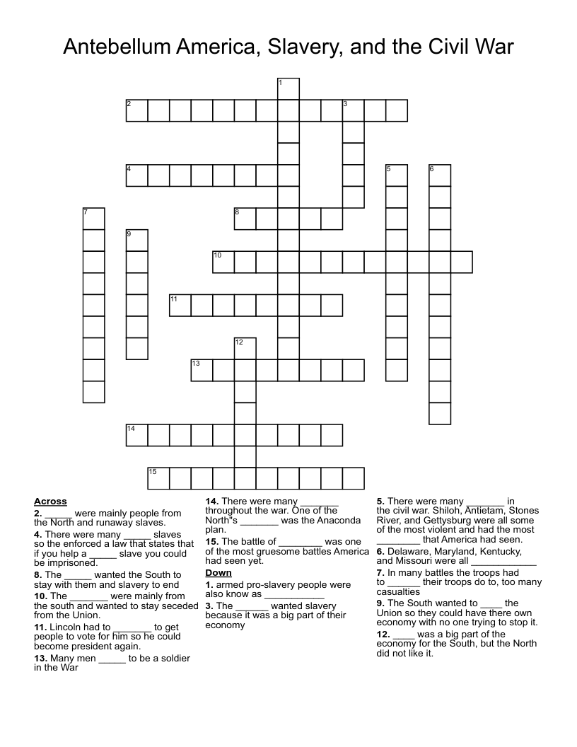  Antebellum America, Slavery, and the Civil War Crossword