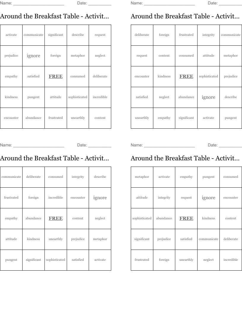  Around the Breakfast Table - Activity 3 Bingo Cards
