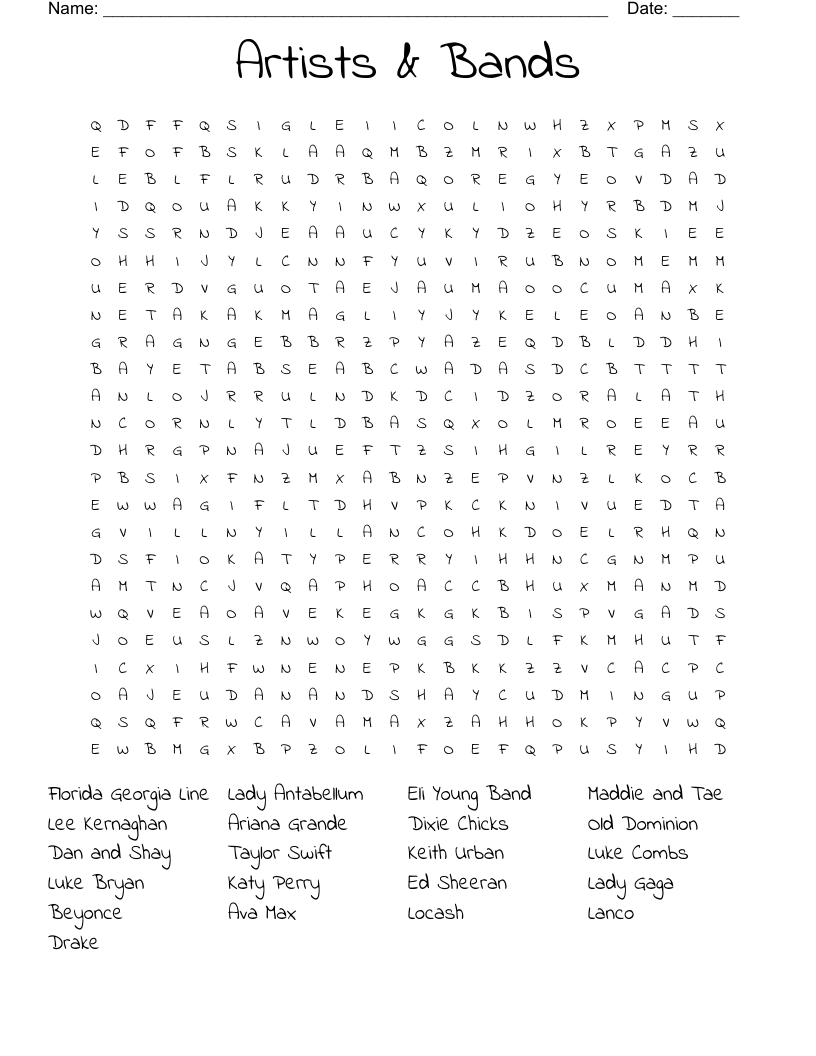  Artists & Bands Word Search