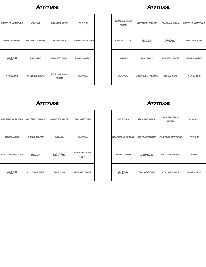  Attitude Bingo Cards