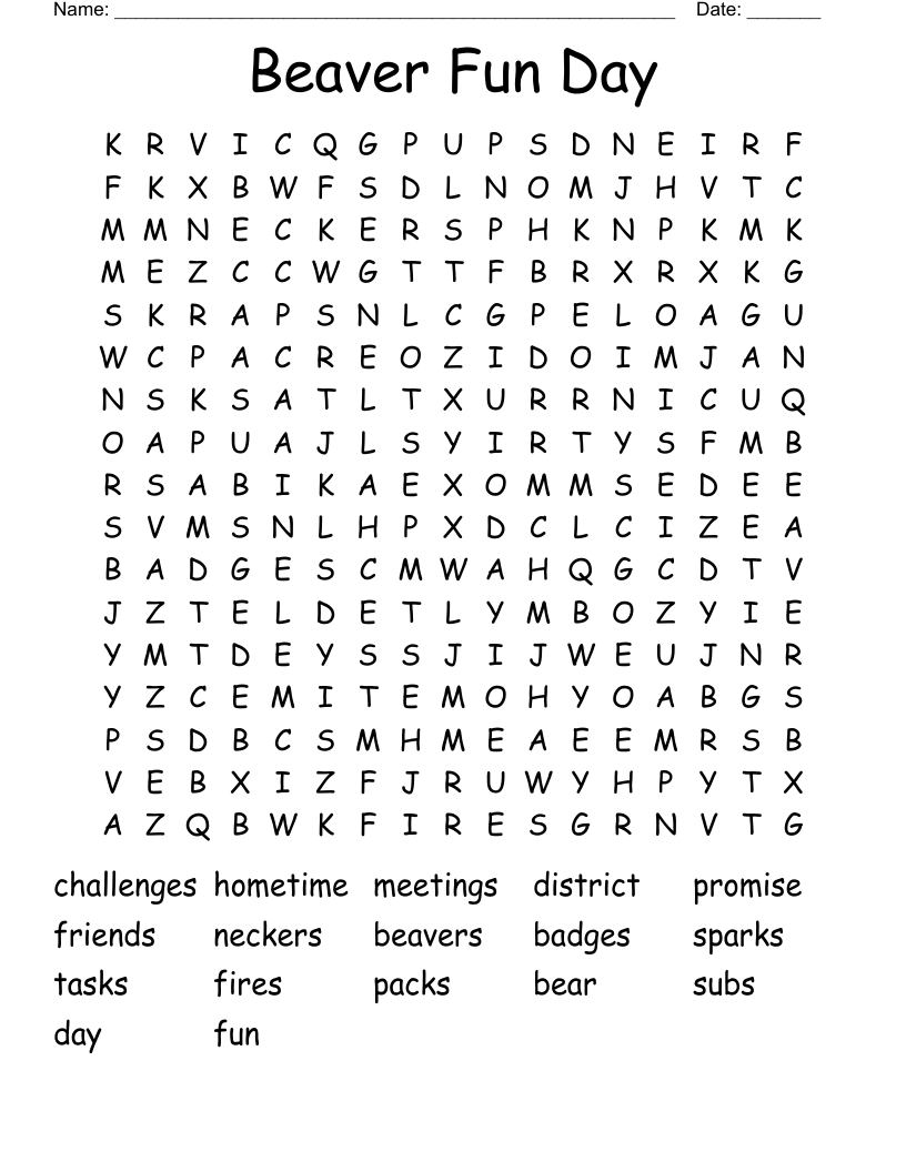  Beaver Fun Day  Word Search